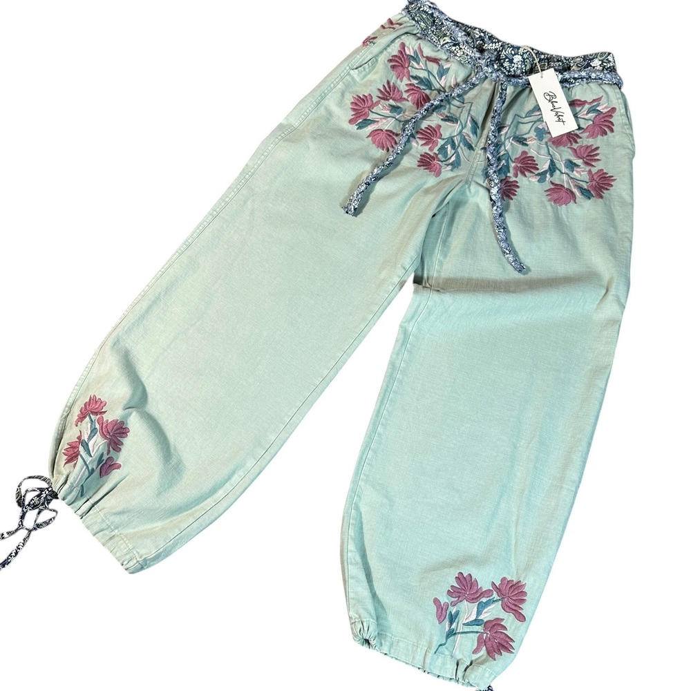 Blue Velvet Jogger Pants NWT Women S Sage Floral Embroidery Elastic Waist Cotton